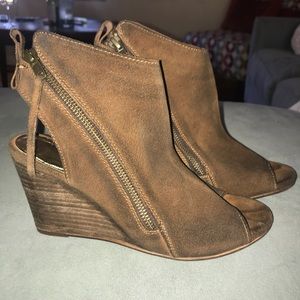 Brown suede distressed open toe booties